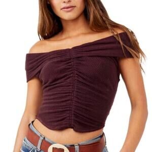 NWT Free People This Cutie Burgundy Ribbed Knit Off The Shoulder Top Size Medium